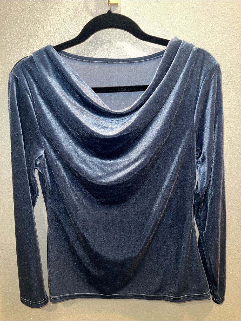 Velvet Drape Neck Long Sleeve Top - Steel Blue